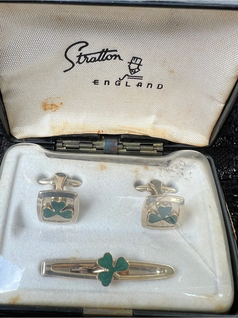 Vintage 1960’s Stratton  Shamrock Cufflinks and Tie Bar - Green